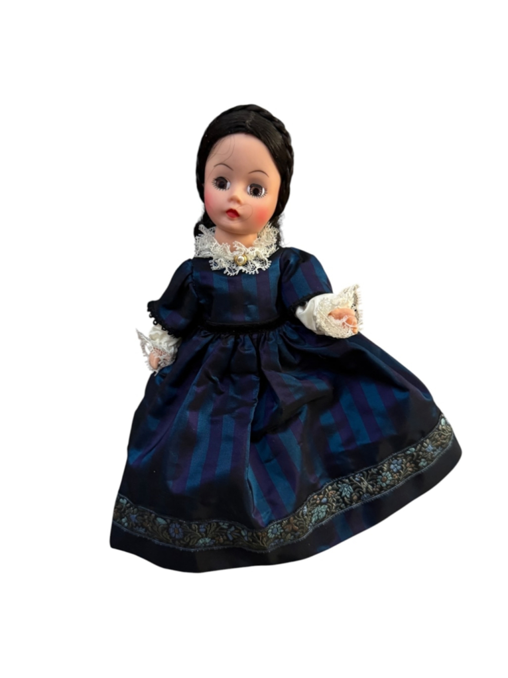 Vintage Madame Alexander Marmee Doll 9” Little Women Blue Striped Dress Hard Pla
